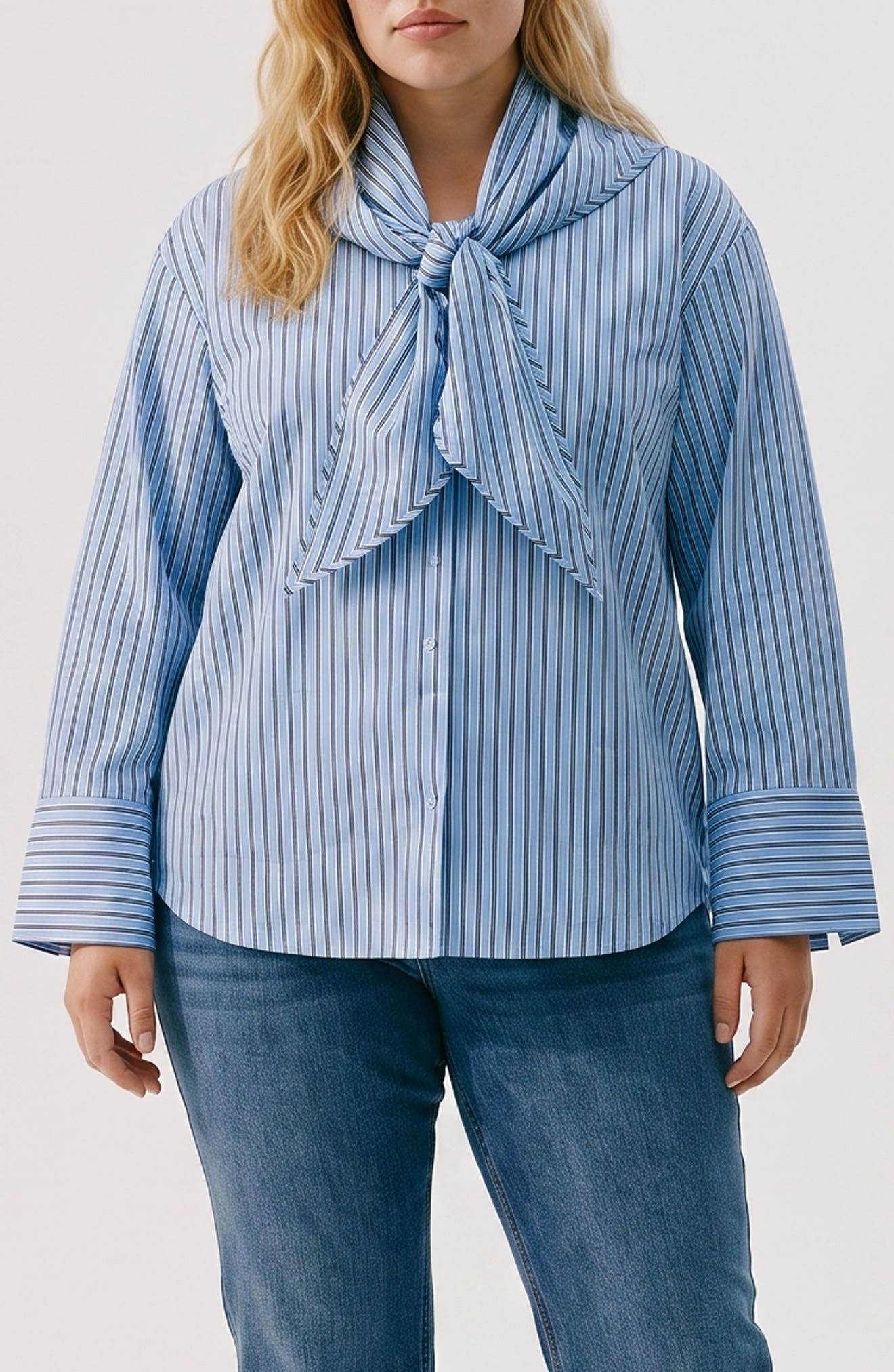 Scarf Neck Striped Shirt