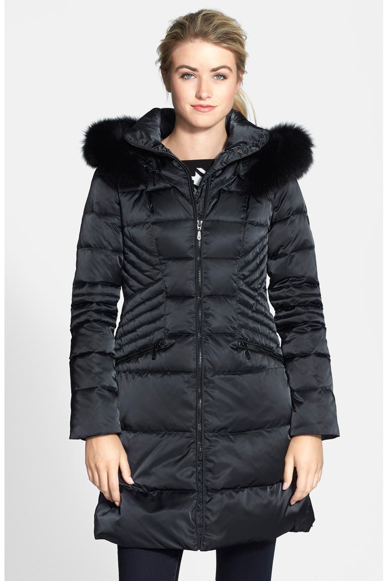 Genuine Fox Fur Trim Quilted Down & Feather Coat with Detachable Hood, Main, color, BLACK