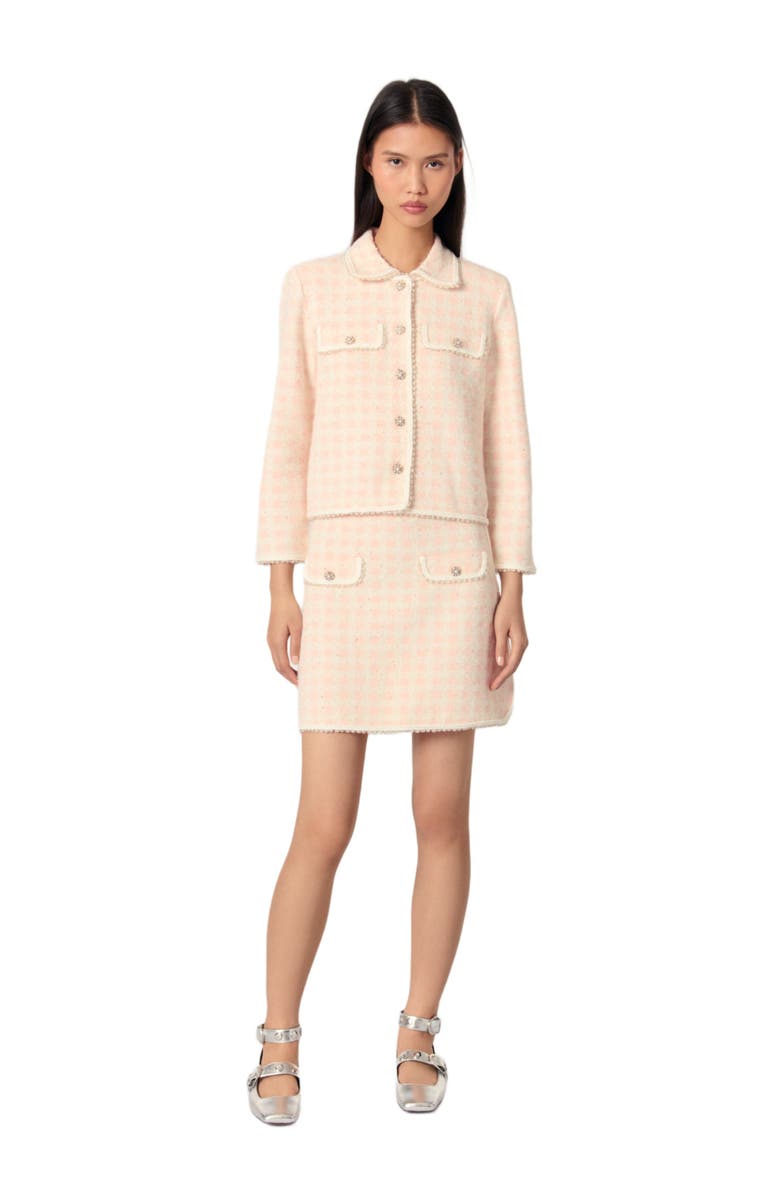 maje Tweed-effect knit jacket, Main, color, Pink/Ecru