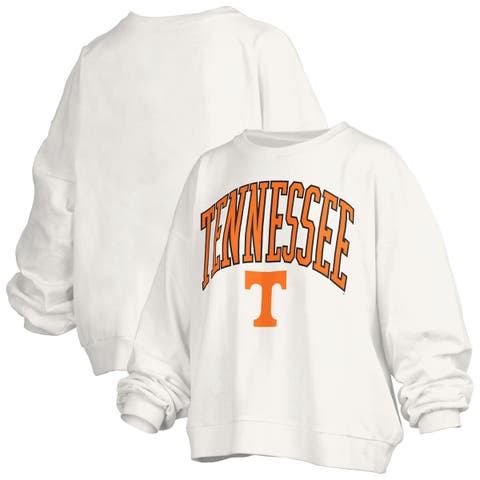 Women's Pressbox White Tennessee Volunteers Janise Arch Over Logo Waist Length Oversized Pullover Sweatshirt