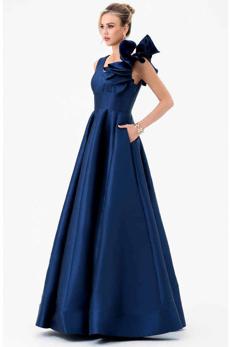 Mirella V Neck Ruffle Gown, Alternate, color, NAVY