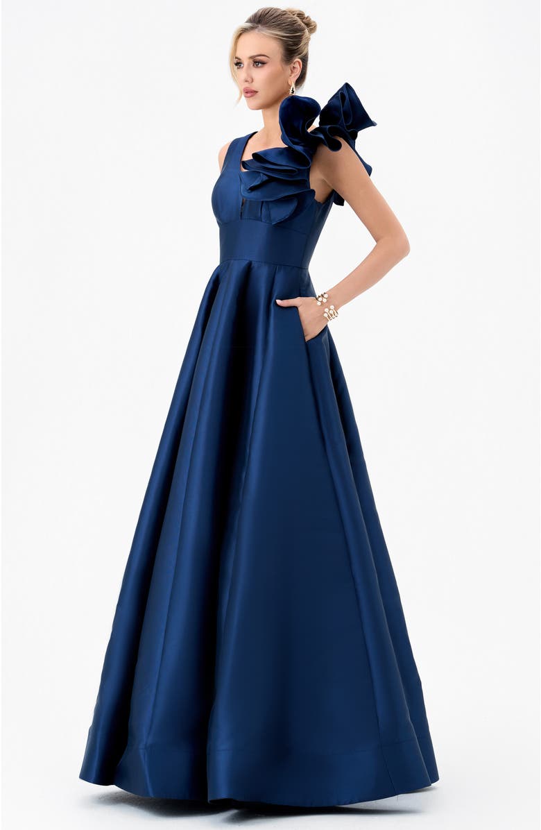 Bariano Mirella V Neck Ruffle Gown, Alternate, color, Navy