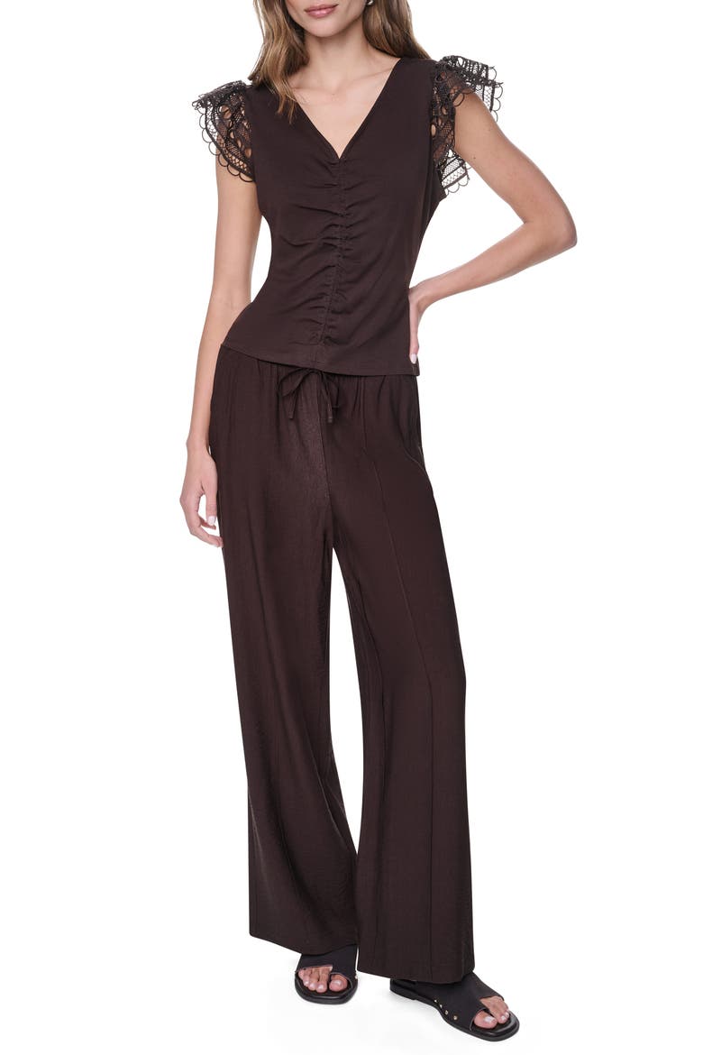 Center Ruched Lace Sleeve Cotton Blend Top, Alternate, color, TOBACCO