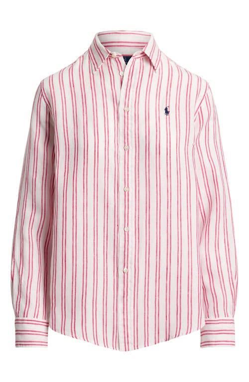 Polo Ralph Lauren Relaxed Fit Striped Linen Shirt Woman Shirt Beige Size Xl Linen In White/red