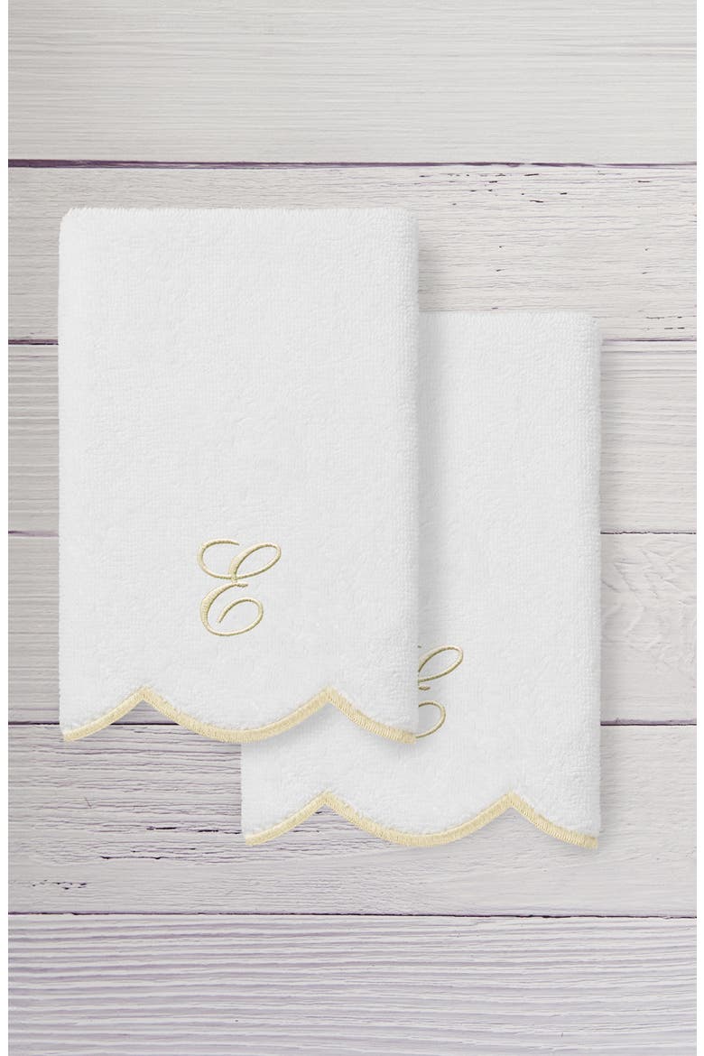 Adornia Scalloped Set of 2 Initial Washcloths, Alternate, color, WHITE/ BEIGE E