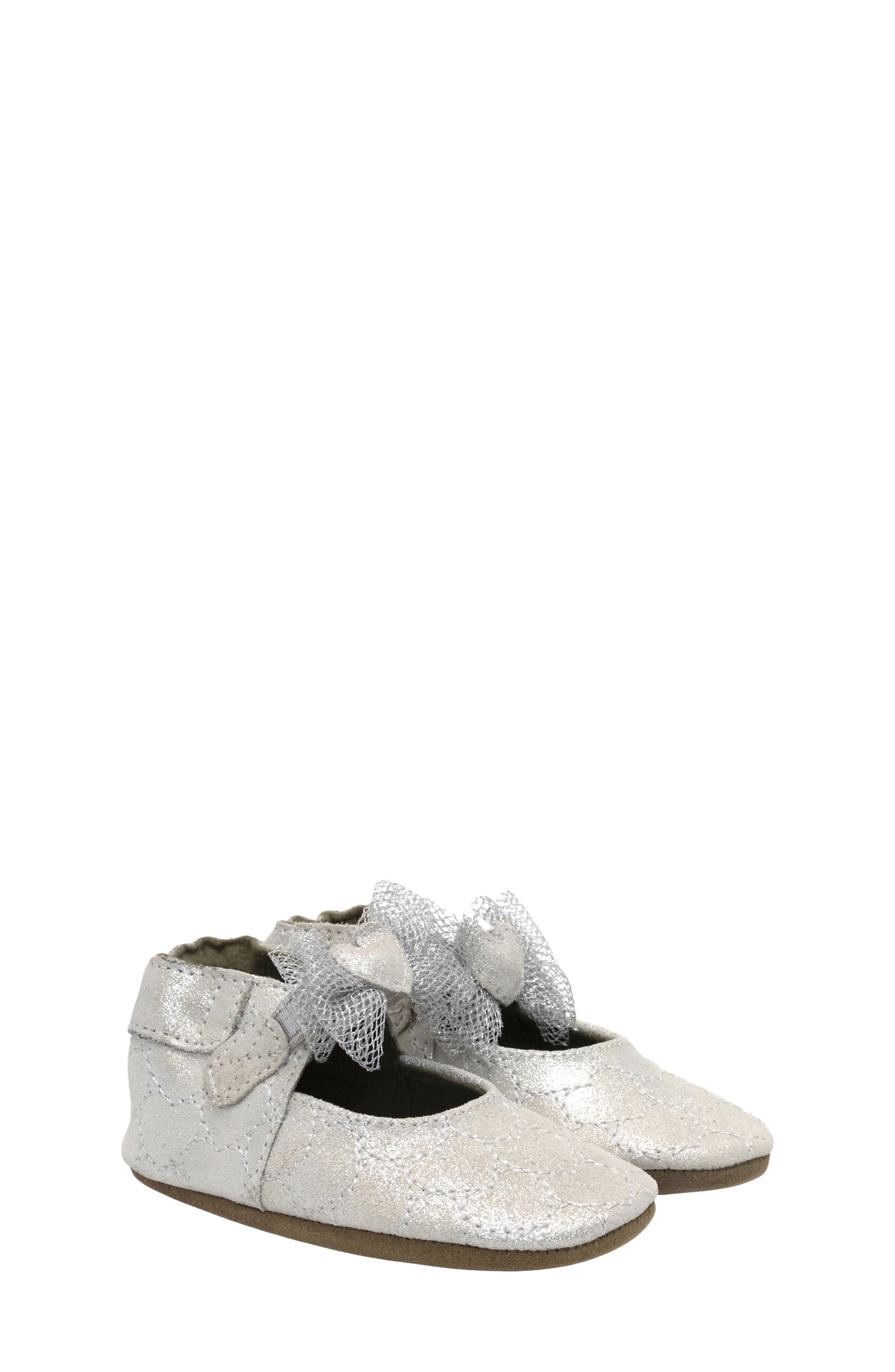 Robeez<sup>®</sup> Desiree Heart Bow Mary Jane Crib Shoe, Main, color, Silver