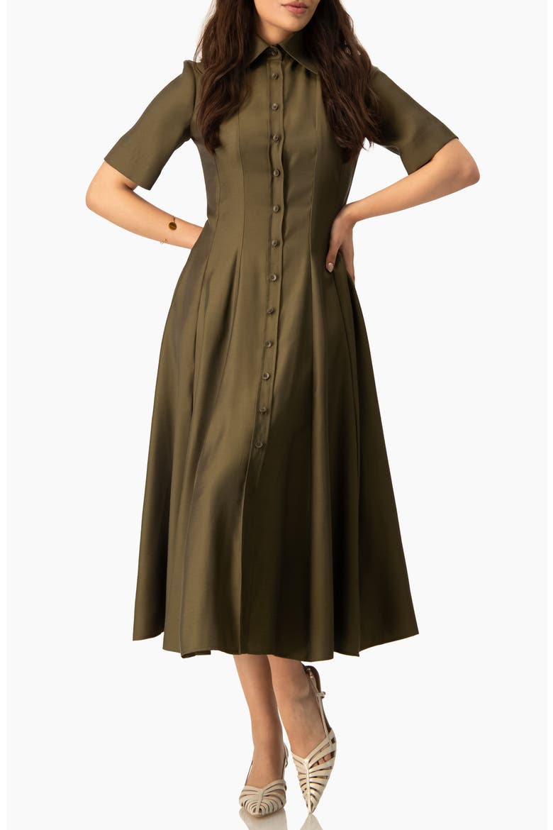 Short Sleeve Midi Dress with Button-Front Fit-and-Flare Shirtdres, Main, color, Olive Green