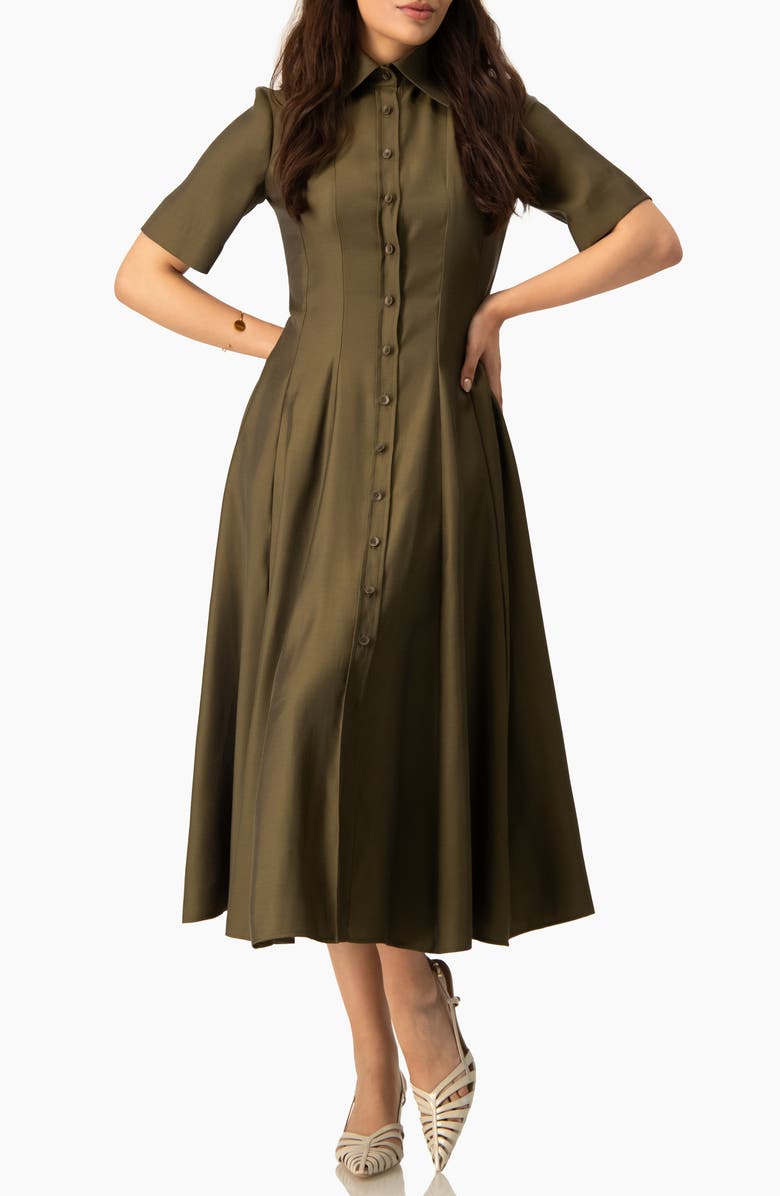 IVONNE Short Sleeve Midi Dress with Button-Front Fit-and-Flare Shirtdres, Main, color, Olive Green