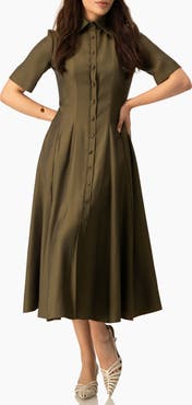 IVONNE Short Sleeve Midi Dress with Button-Front Fit-and-Flare Shirtdres
