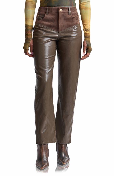 High Waist Yoke Slim Faux Leather Pants