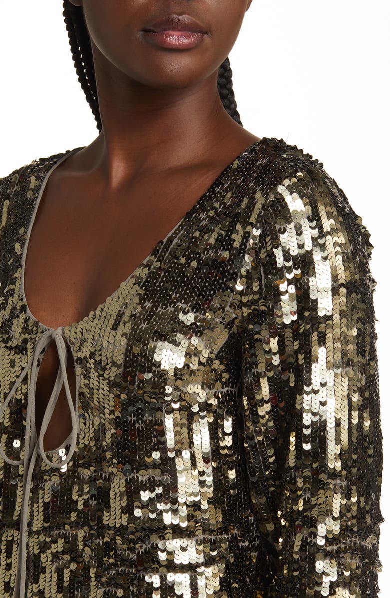 ASOS DESIGN Tie Detail Long Sleeve Sequin Top, Alternate, color, Khaki