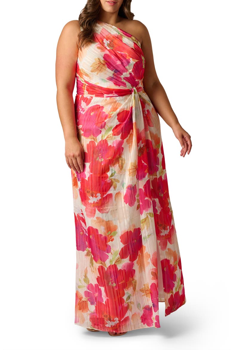 One-Shoulder Satin & Chiffon Evening Gown, Main, color, IVORY/ PINK MULTI