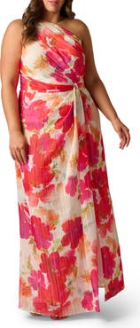 Adrianna Papell One-Shoulder Satin & Chiffon Evening Gown
