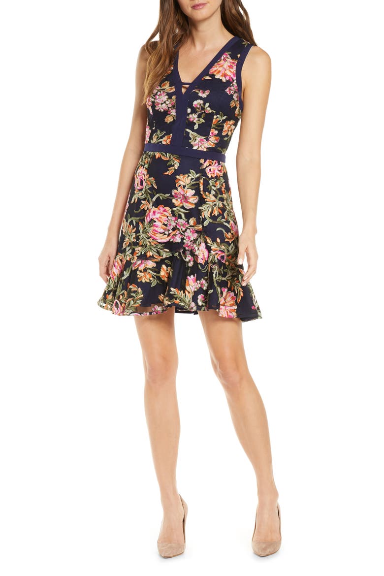 Kaylea Sleeveless Embroidered Minidress, Main, color, NAVY MULTI