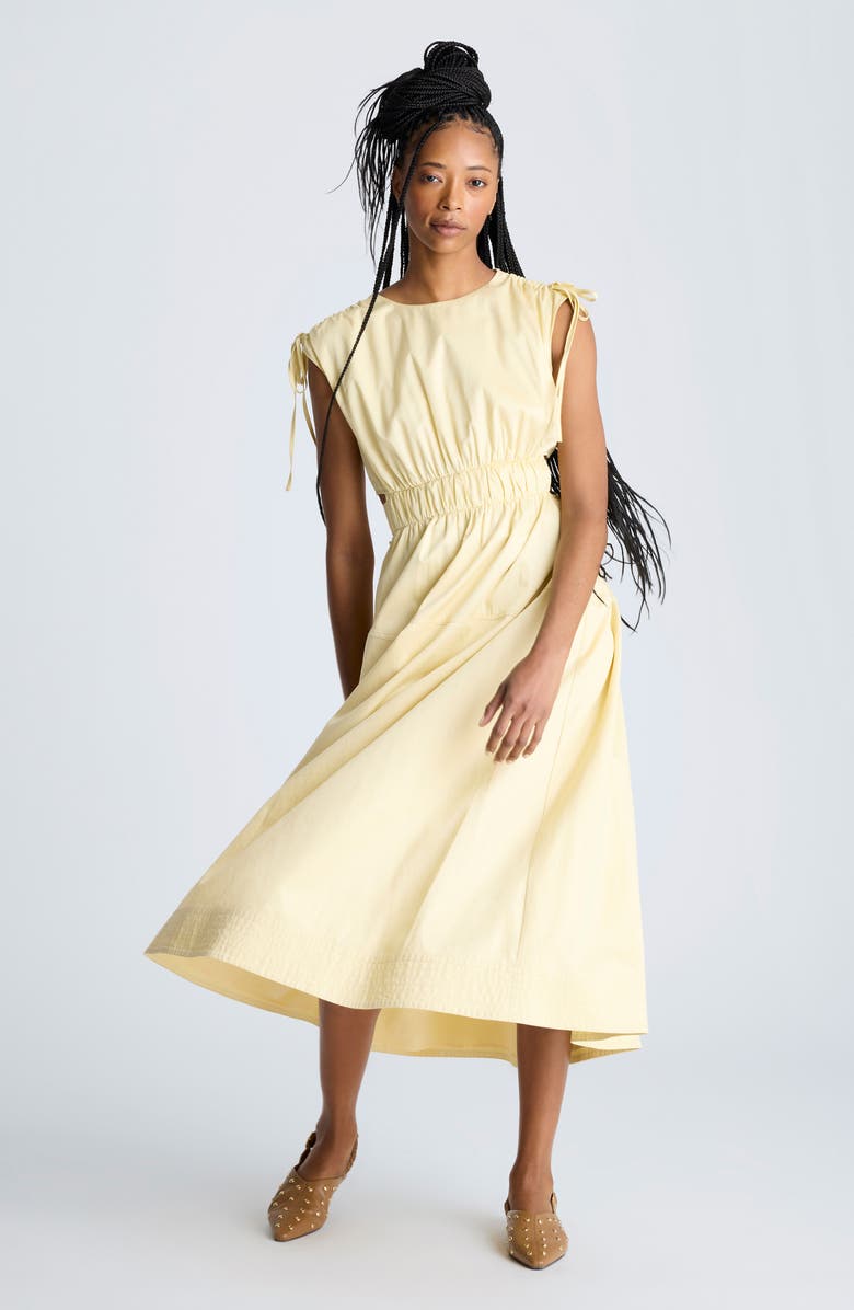 Kenneth Cole Cutout Detail Ruched Waist Stretch Cotton Midi Dress, Alternate, color, Papyrus