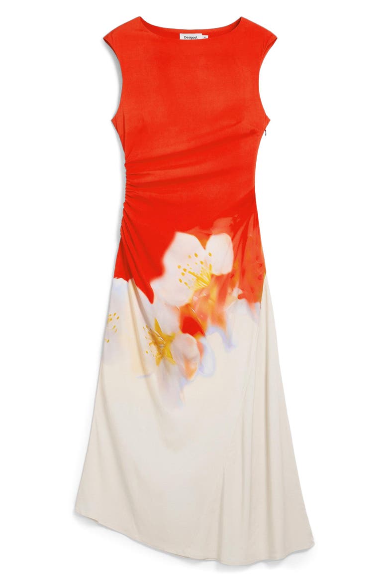 Floral Ruched Side Midi Dress, Alternate, color, CORAL