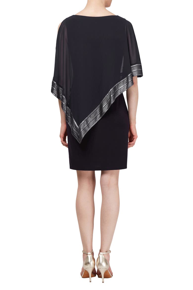 Foil Trim Asymmetrical Popover Capelet Sheath Dress, Alternate, color, BLACK SILVER