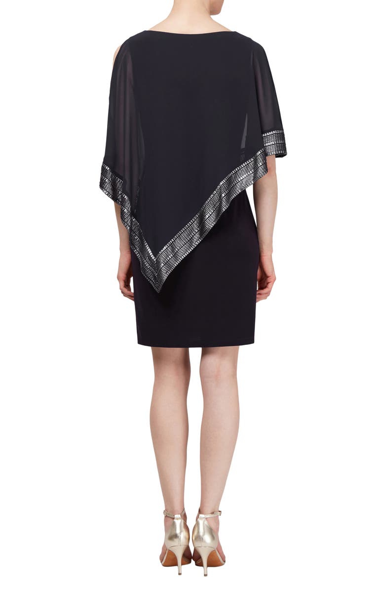 SL FASHIONS Foil Trim Asymmetrical Popover Capelet Sheath Dress, Alternate, color, 