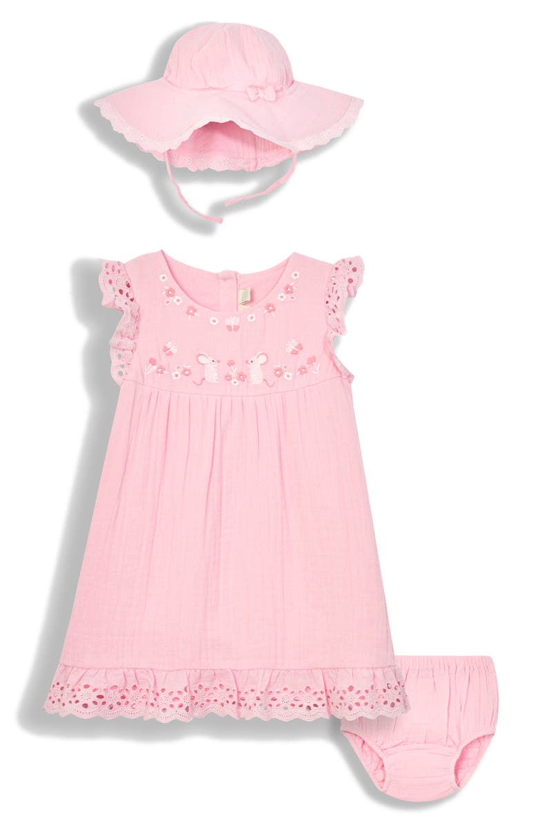 JOJO MAMAN BEBE Embroidered Ruffle Cotton Dress, Sun Hat & Bloomers Set, Main, color,