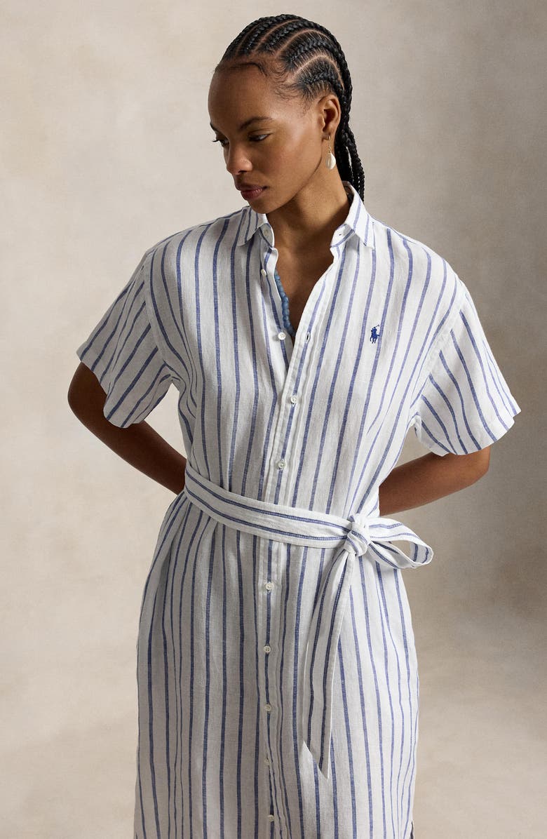 Polo Ralph Lauren Striped Belted Linen Midi Shirtdress, Alternate, color, White-Royal