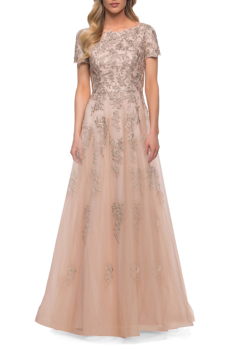 A Line Tulle and Lace Gown with Short Sleeves, Main, color, NUDE