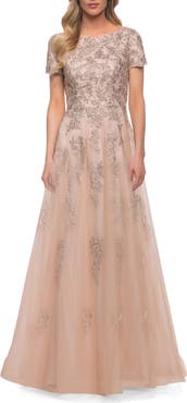 La Femme A Line Tulle and Lace Gown with Short Sleeves