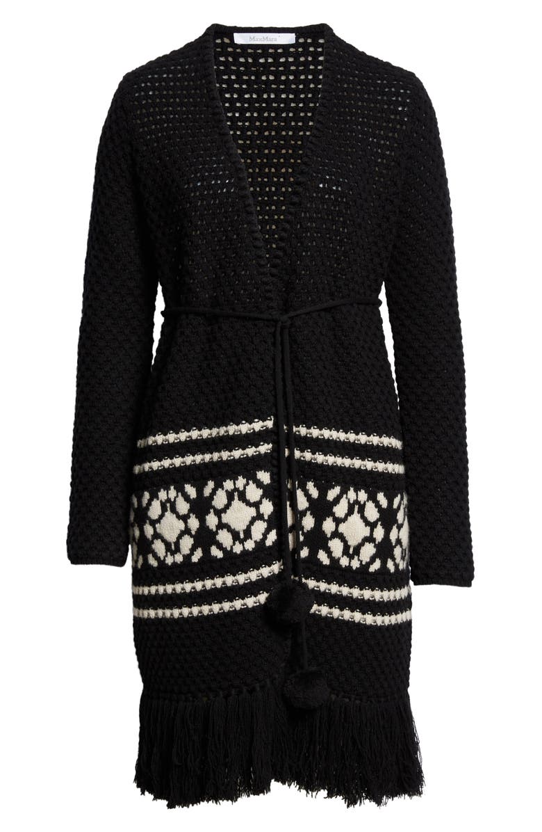 Max Mara Orione Longline Tie Waist Fringe Trim Wool & Cashmere Cardigan, Alternate, color, Black