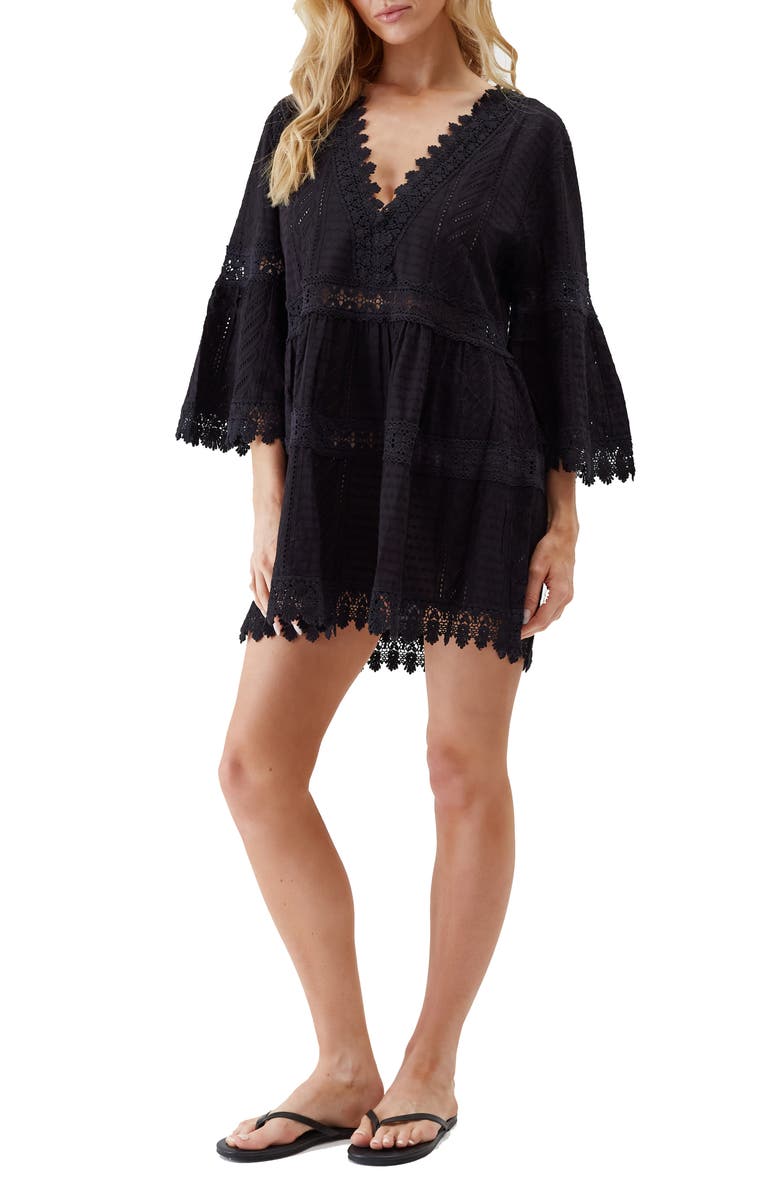 Melissa Odabash Victoria Lace Trim Cotton Cover-Up Tunic, Main, color, Black