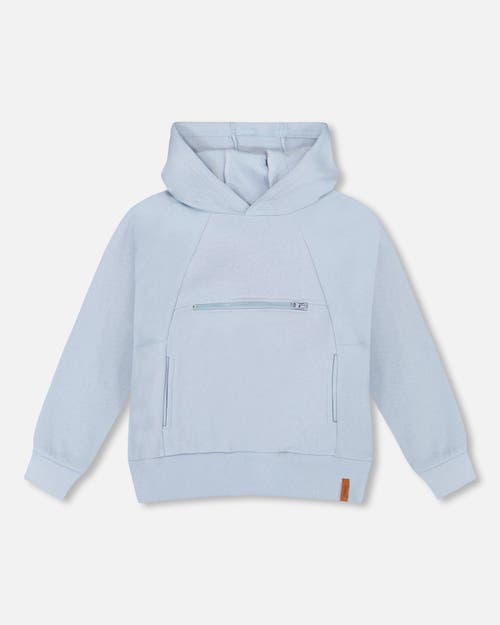 Deux Par Deux Kids'  Pullover Hooded Fleece Sweatshirt With Zip Pocket In Blue