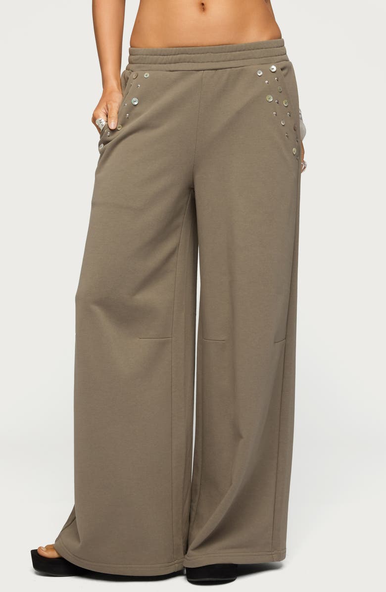 EDIKTED Zania Iridescent Button Sweatpants, Main, color, Taupe