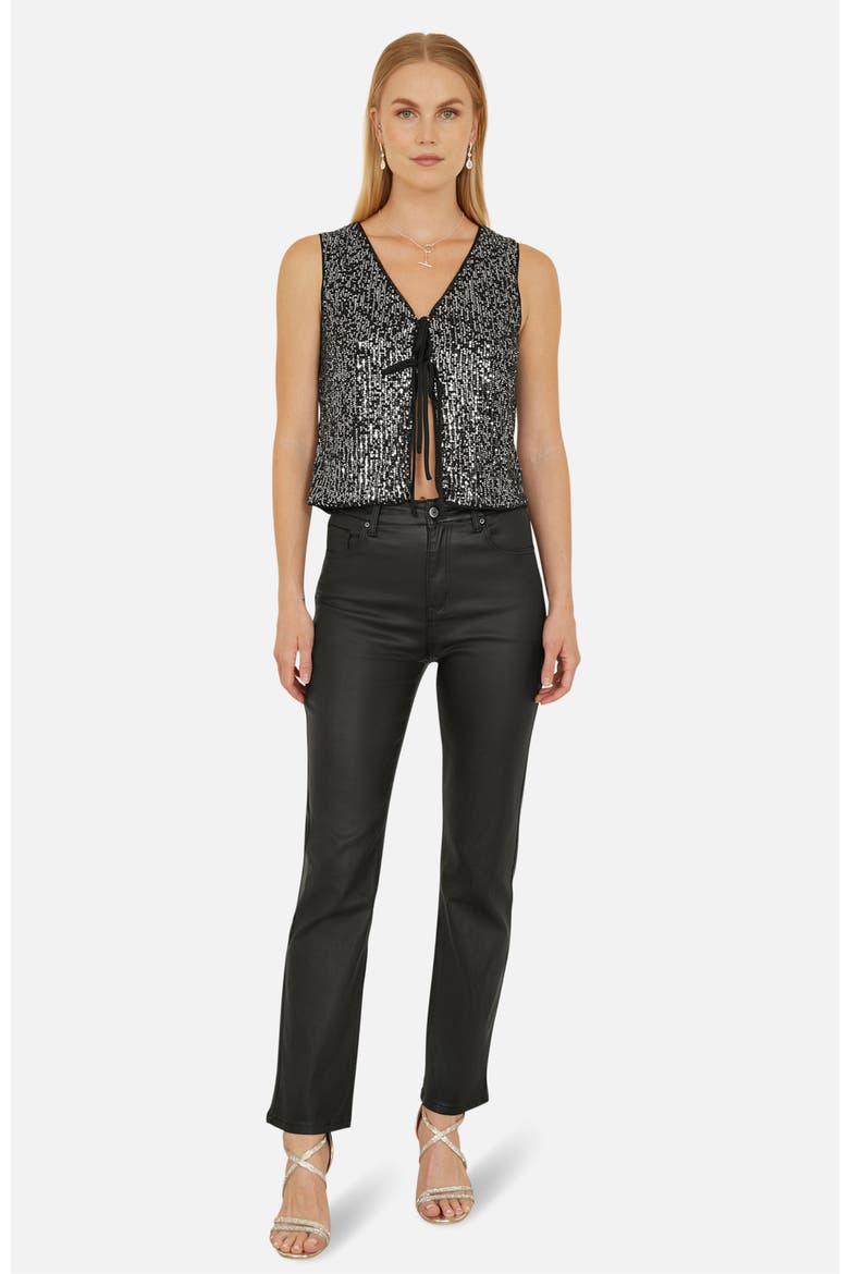 Sequin Tie Front Waistcoat Top, Alternate, color, Black