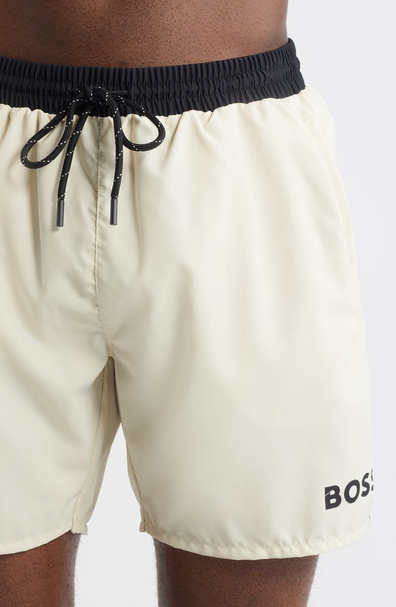 BOSS Starfish Graphic Logo Swim Trunks, Alternate, color, Open White