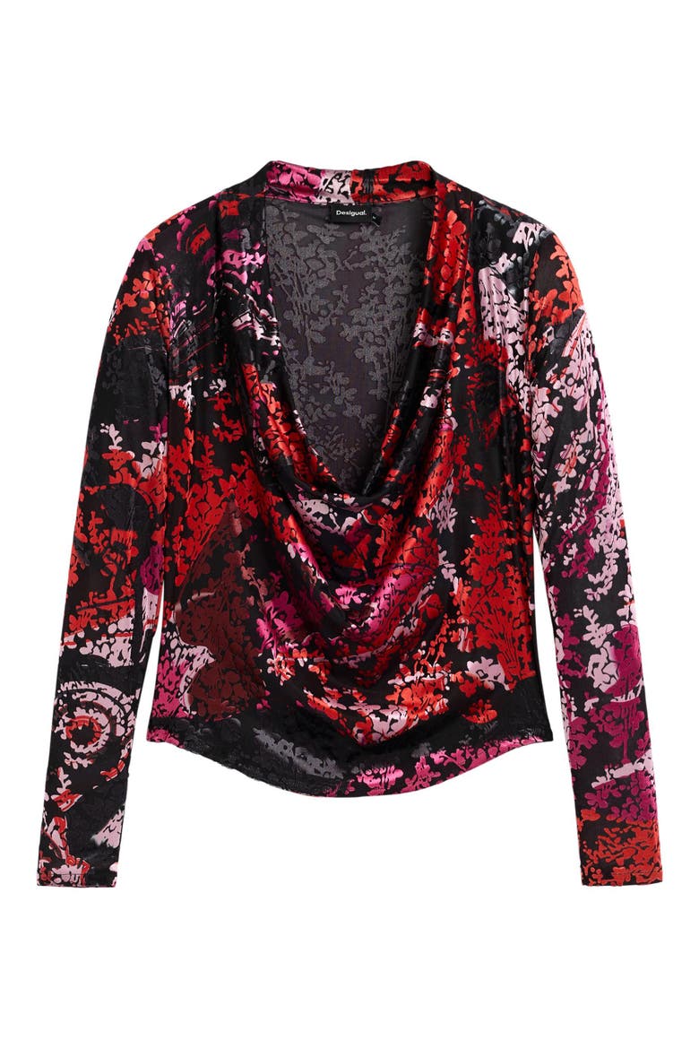 Floral Print Cowl Neck Long Sleeve Shirt, Alternate, color, BLACK