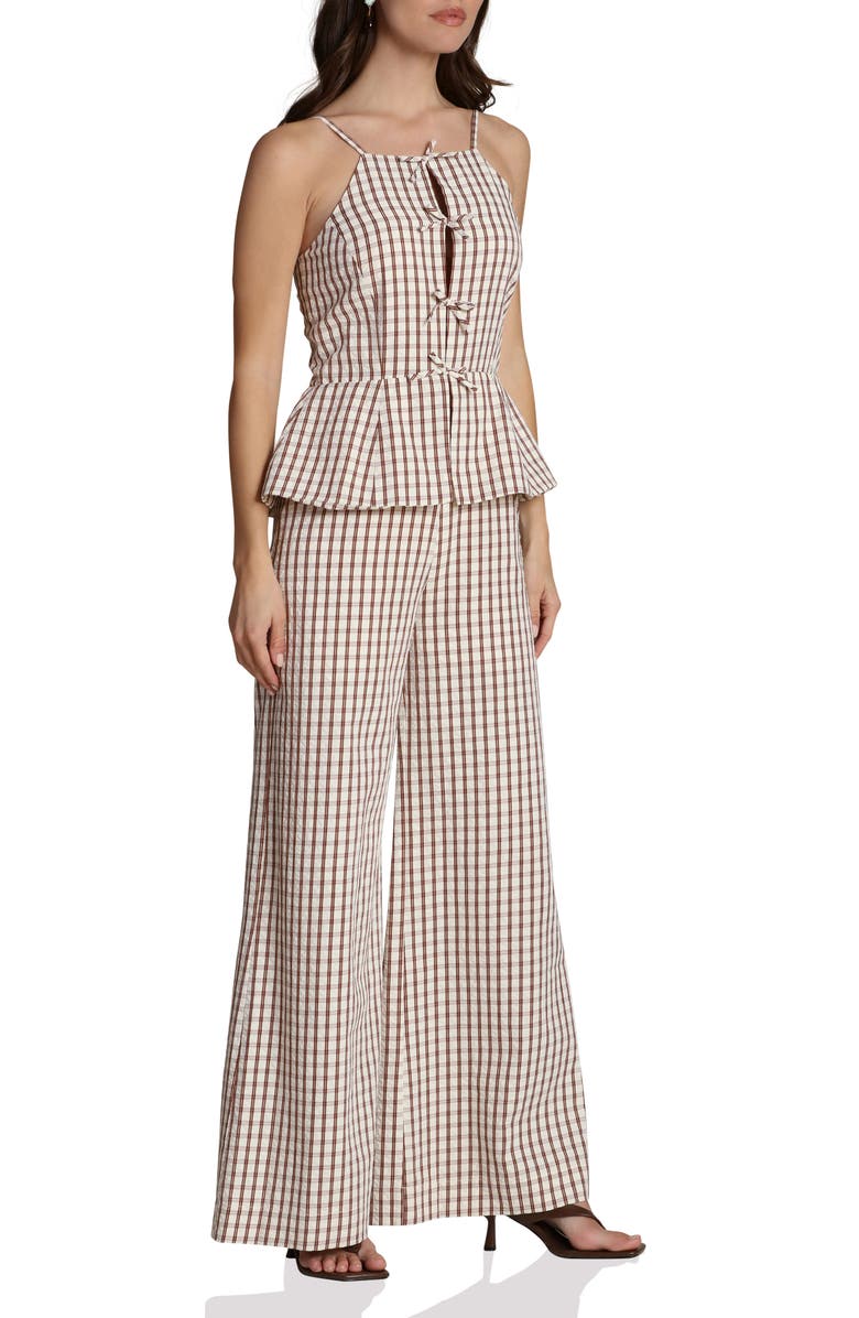 Avec Les Filles Check Bow Tie Front Peplum Jumpsuit, Alternate, color, Cream And Brown