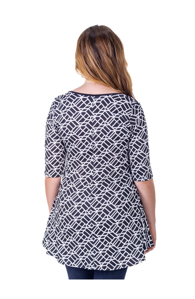24seven Comfort Apparel Geometric Print Elbow Sleeve Casual Tunic Top, Alternate, color, Black Multi