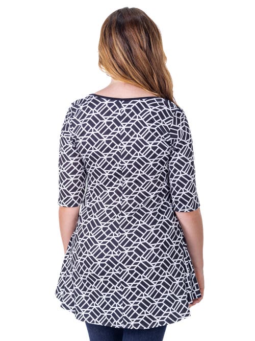 24seven Comfort Apparel Geometric Print Elbow Sleeve Casual Tunic Top In Gray