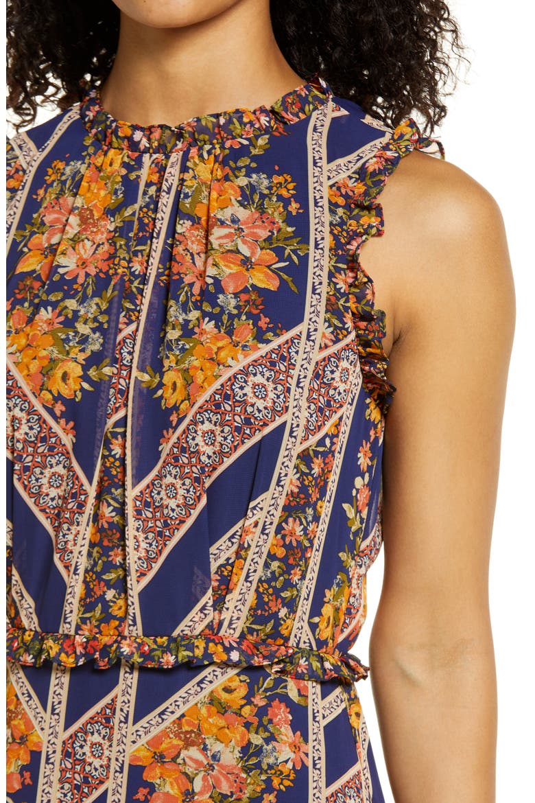 Floral Scarf Print Ruffle Detail A-Line Dress, Alternate, color, NAVY MULTI