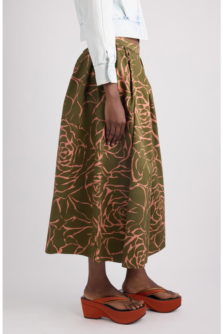 Soni Giant Couture Rose Print Pleated Cotton Poplin A-Line Midi Skirt, Alternate, color, KHAKI
