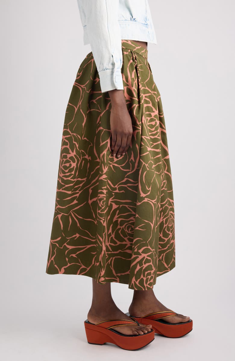 Dries Van Noten Soni Giant Couture Rose Print Pleated Cotton Poplin A-Line Midi Skirt, Alternate, color, Khaki