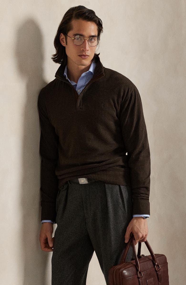 Polo Ralph Lauren Houndstooth Luxury Cotton Blend Quarter Zip Pullover, Alternate, color, Alpine Brown Dogtooth