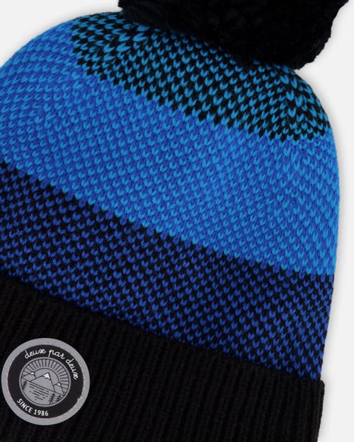 Deux Par Deux Winter Knit Hat With Pompom And Lining In Blue