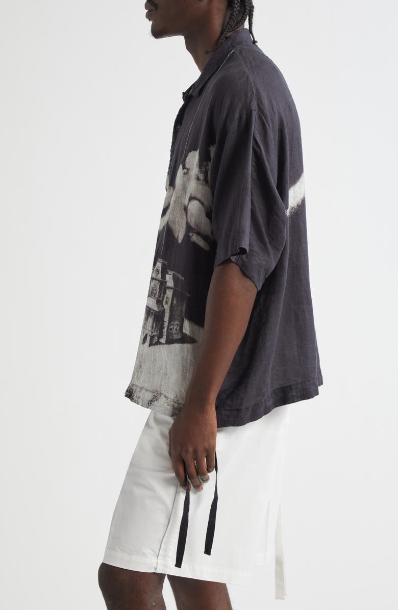 Undercover Oversize Short Sleeve Linen Button-Up Shirt, Alternate, color, Black Base