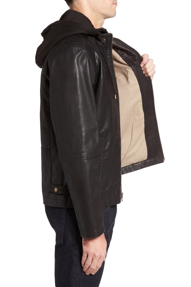 Leather Moto Jacket with Knit Hood, Alternate, color, BLACK