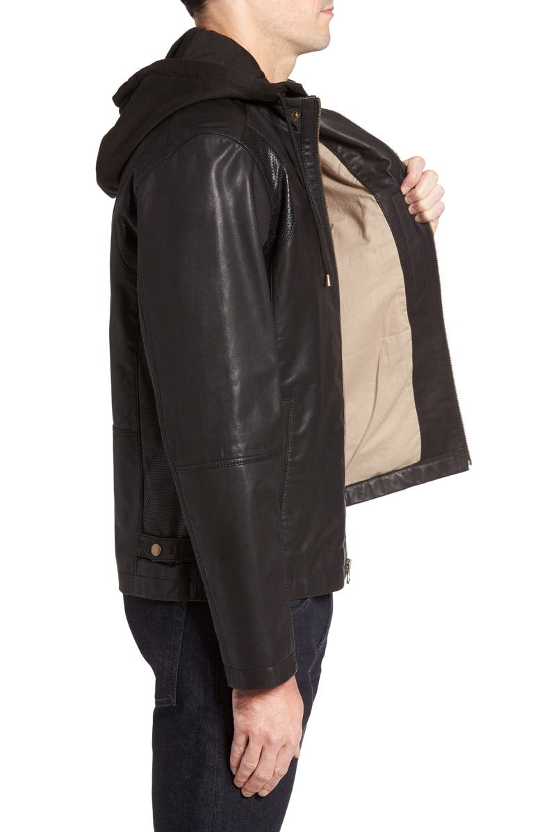 Cole Haan Leather Moto Jacket with Knit Hood, Alternate, color, 