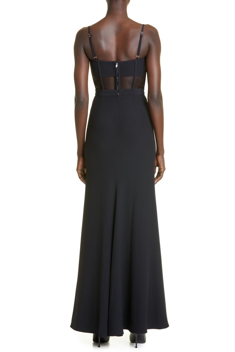 Sheer Corset Bodice Leaf Crepe Gown, Alternate, color, 1000 BLACK