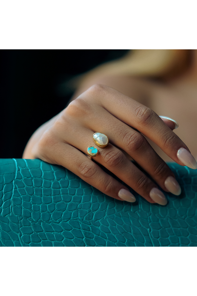 Double Natural Gemstone Adjustable Sterling Silver Turquoise Ring, Alternate, color, Gold