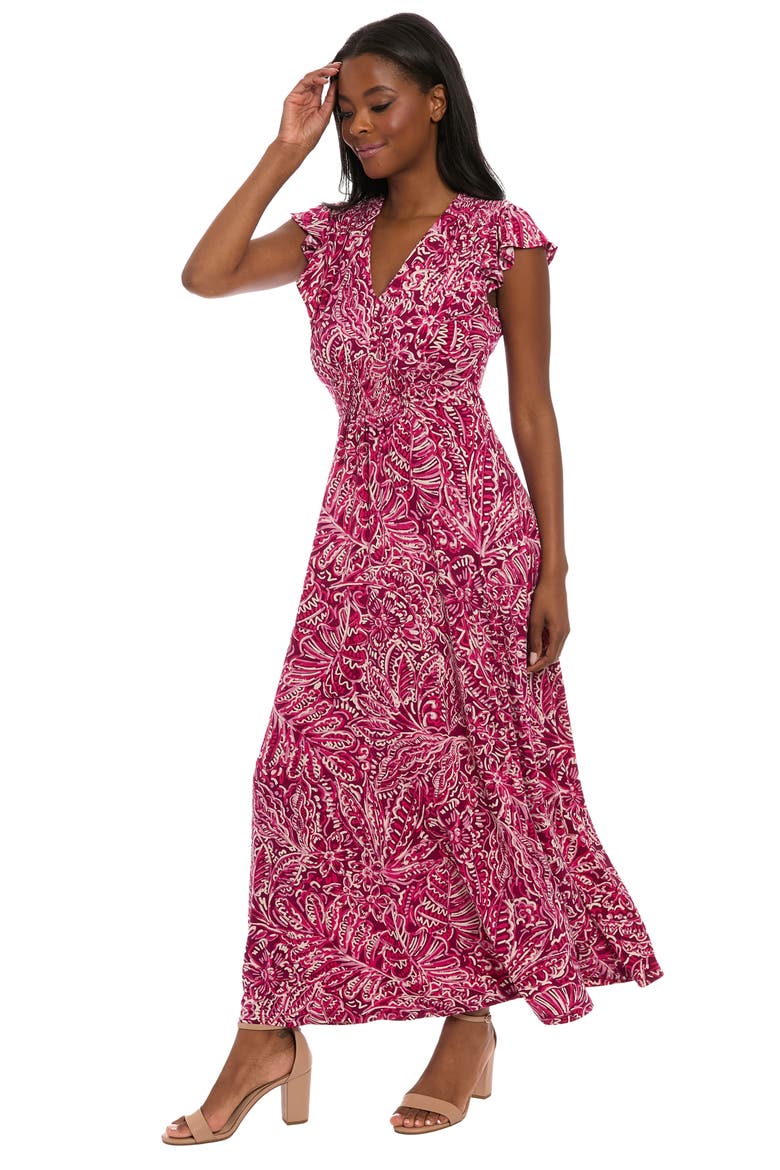 Flutter Sleeve Smocked A-Line Maxi Dress, Alternate, color, PLUM/ PINK