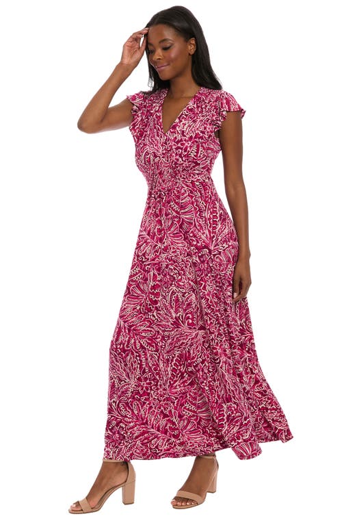 London Times Flutter Sleeve Smocked A-line Maxi Dress In Pink