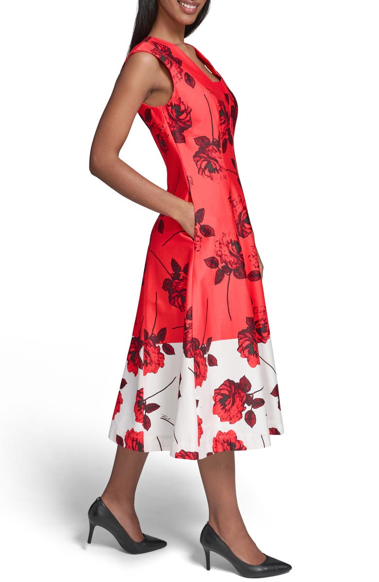 KARL LAGERFELD PARIS Floral Colorblock Stretch Cotton Midi Dress, Alternate, color, 