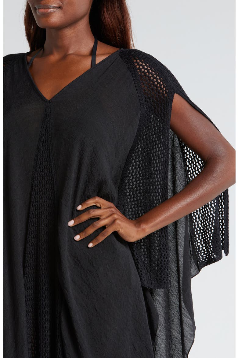 Open Stitch Detail Cover-Up Caftan Dress, Alternate, color, BLACK
